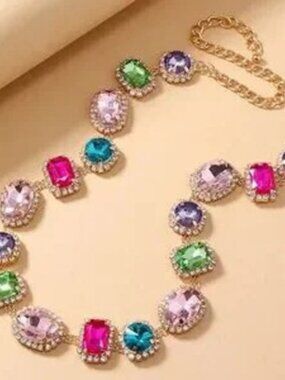Luxe Gold Tone Colorful Large Rhinestone Statement necklace